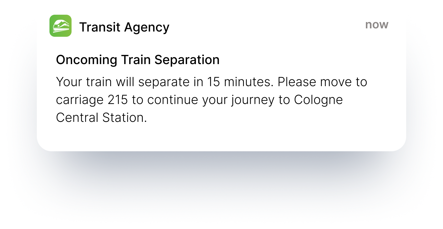 image of text message informing 'oncoming train separation'